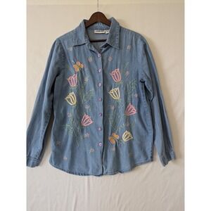 Vintage Denim Shirt Floral Butterfly Embroidered Long Sleeve Button Up‎ Size M